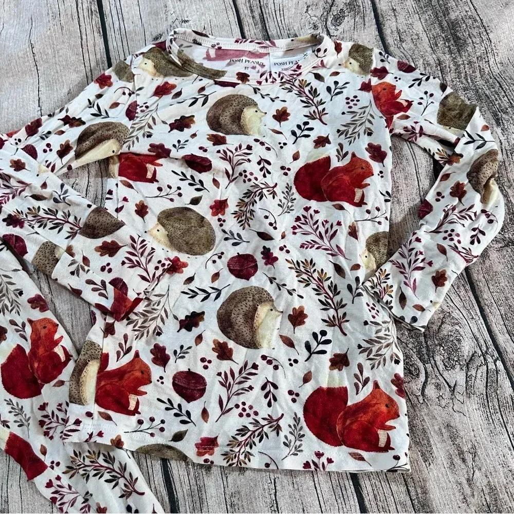 Posh Peanut Bamboo Woodland Creature Pajama Set - Red and Cream Size 3t